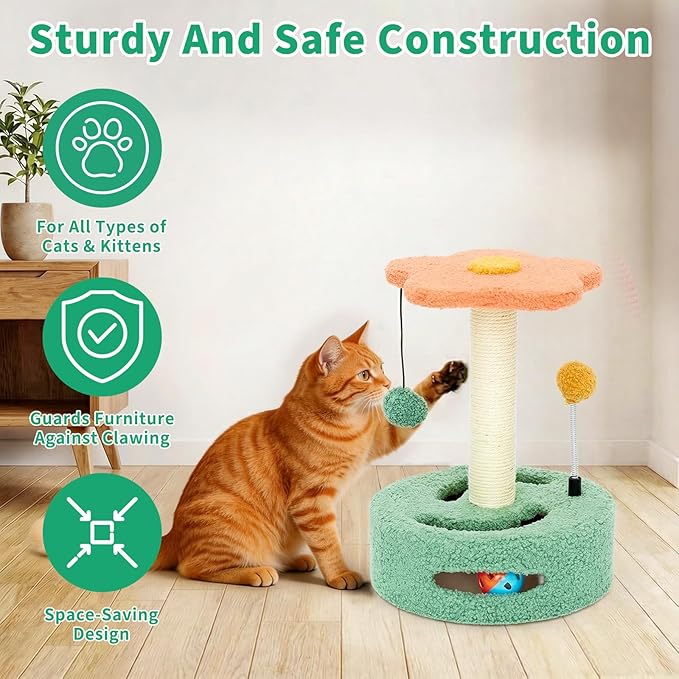 Cat Scratching Post 13.98" H, Flower-Shaped Small Cat Tree with Sisal Scratcher, Interactive Hanging Ball & Track Ball Toy, Easy Assembly Kitten Activity Center for Indoor Cats, Protect Furniture