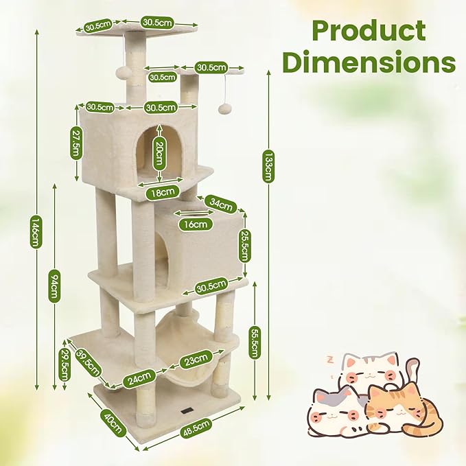 PETSITE 57-inch Modern Cat Tree, Multi-Level Cat Tower with 2 Comfy Condos, Sisal Scratching Posts, Plush Top Perch, Snug Hammock, and Dangling Balls, Ideal for Indoor Cats and Kittens (Beige)
