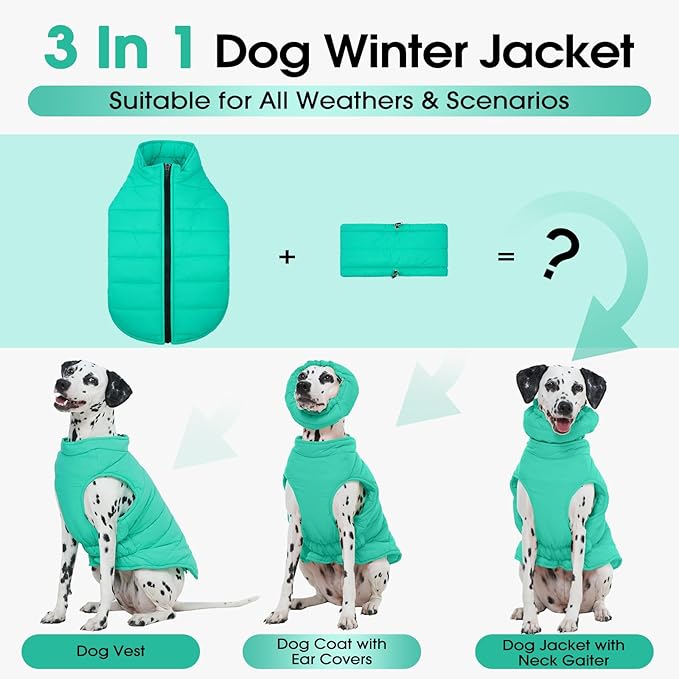Dog Puffer Vest for Large Dogs, Dog Winter Coats with Back Zipper, Outdoor Warm Dogs Snow Jacket Camping Jacket with Detachable Neck,Doberman, Great Dane, Green 3XL