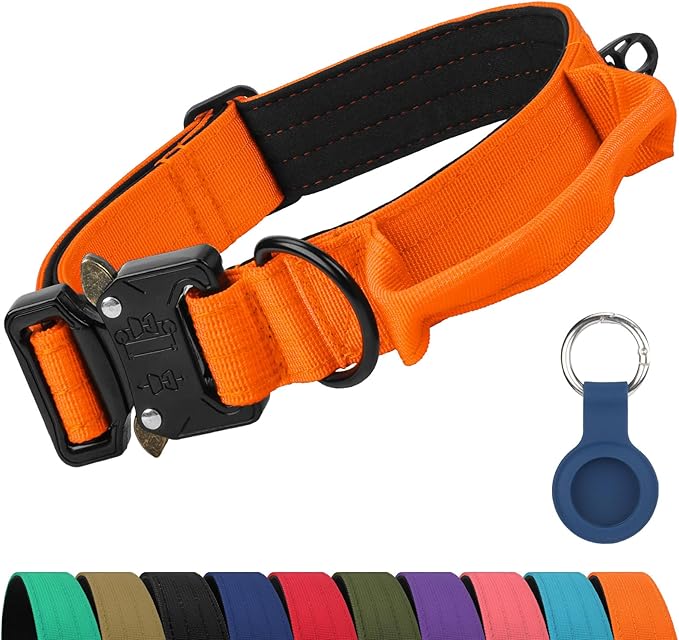 Joytale Tactical Dog Collar for Medium Dogs with Control Handle, Heavy Duty Military Training Collar for Power Breeds, AirTag Holder Case, Quick Release Metal Buckle, Soft Padded, M, Orange