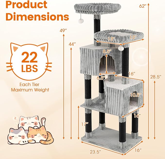 Tangkula Carpet Cat Tree, 62 Inch Tall Cat Tower with Scratching Posts, 2 Condos, 2 Perch Beds, Dangling Jingle Balls, Soft Flannel Covering, Unique Cat Tree for Indoor Cats