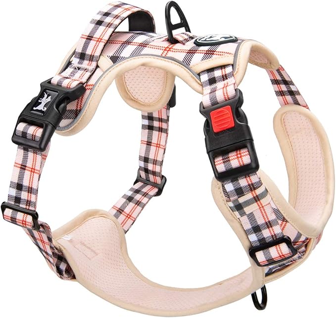 PoyPet Plaid Dog Harness, No Pull Front Clip Pet Vest Harness, Soft Padded Reflective Adjustable Walking Harness with Handle for Large Medium Small Dogs(Checkered Beige,S)