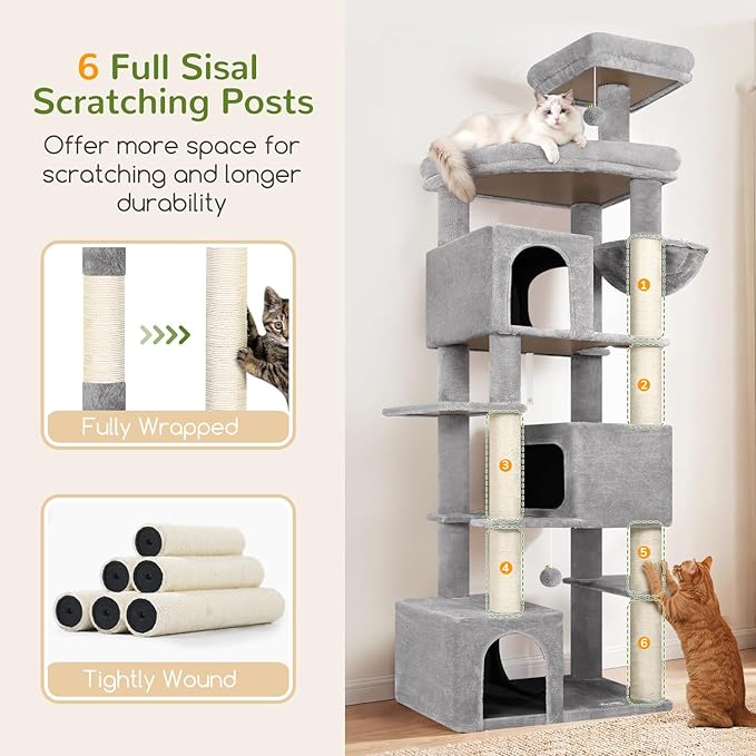 Globlazer Extra Large Cat Tree Tower for Indoor Cats Large Adult, 80in Tall Heavy Duty Cat Tree with 3 Spacious Cat Condos, Oversized Fan-Shaped Perch, 6 Full Sisal Scratching Posts, S80, Light Grey
