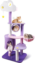 Lucky Monet 59 Inches Cat Tree for Indoor Cats, Multi-Level Cat Tower for Large Cats Cute Purple Pink Cat Tree Unique Cat Condo with Scratching Post Hammock Condo Pompom Ball Toy