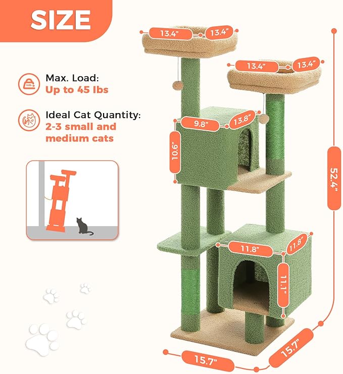 PEQULTI 53" Cat Tree for Indoor Cats, Multi-Level Cat Tower with Cozy Cat Condo Clearance Prime, Green