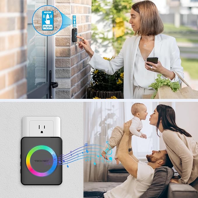 TECKNET Wireless Doorbell with 2 Plug-in Receivers, IP65 Waterproof Doorbells for Home, 1300ft Operating Range, 60 Melodies & 5 Volume Levels of 0-120 dB, RGB Light for Hearing Impaired