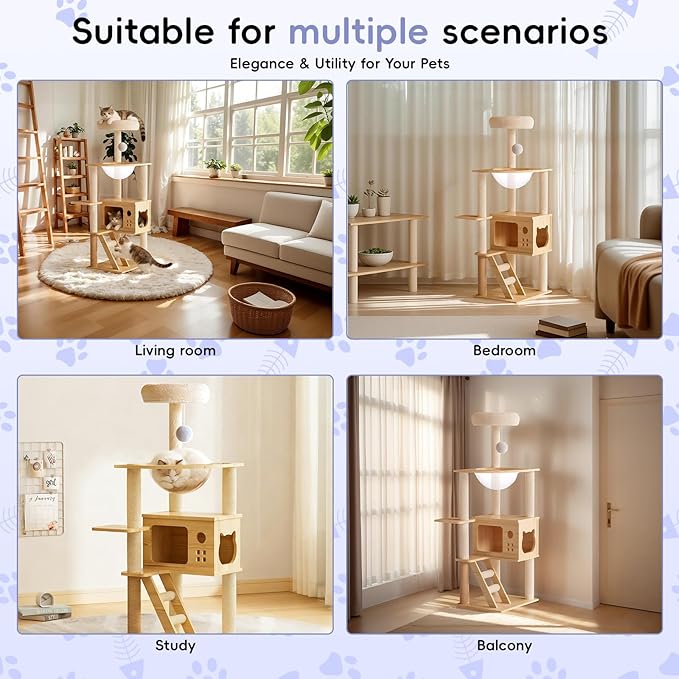 48.8" Wooden Cat Tree for Indoor Cats, Multi-Level Cat Tower with Space Capsule, Acrylic Hammock, Sisal Scratching Posts & Ladder, Large Cat Condo for Small and Large Cats