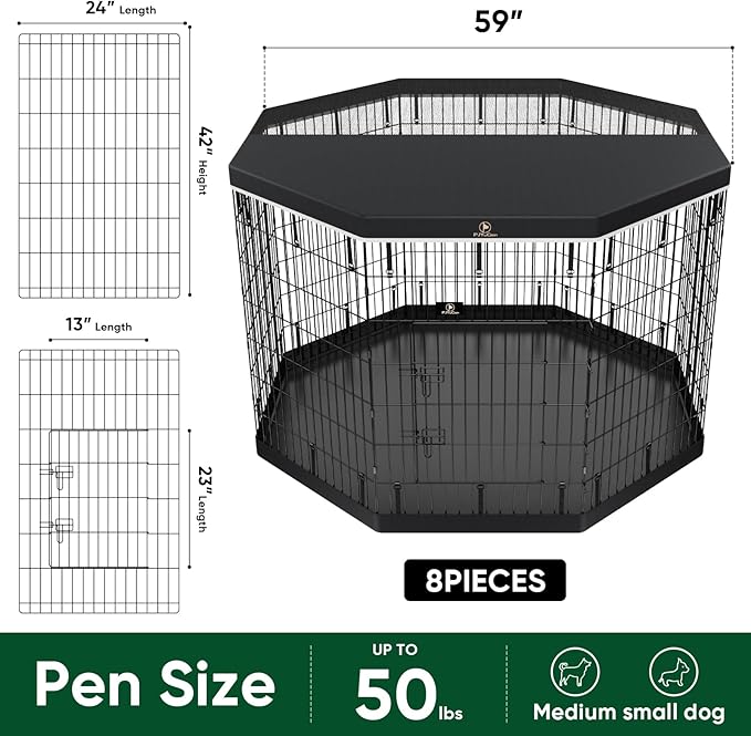 PJYuCien Dog Playpen with Top Cover and Bottom Pad - Metal Foldable Exercise Pen, 8 Panels 42" H x 24" W Indoor Outdoor Pet Fence Puppy Crate Kennel, Black