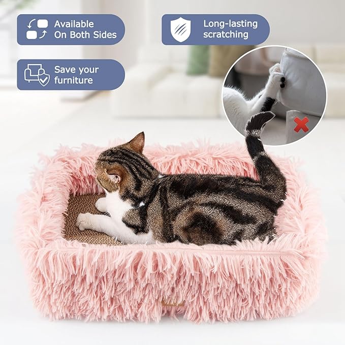 Fluffy Cat Scratcher Bed Box with Removable Cardboard, Corrugated Board Rectangular Cat Scratching Lounge, Pet Scratch Pad for Furniture Protection (Pink)