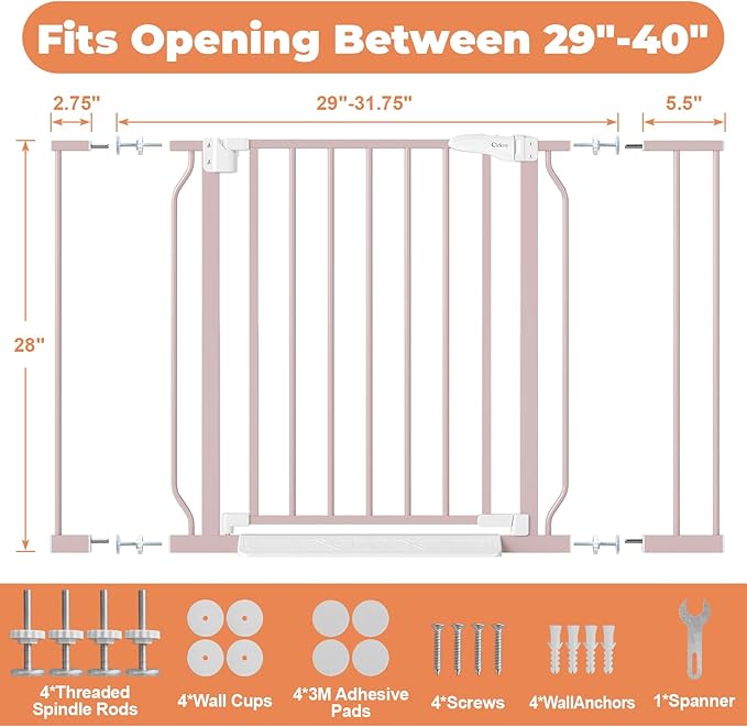 29"-40" Baby Gate for Stairs, Auto Close Stroller Friendly Dog Gate Indoor for Doorways, Pressure Mounted Baby Gate, Easy Walk Through Gate for Children & Pets, Pink