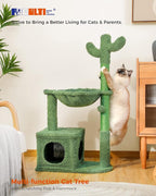 PEQULTI Cactus Cat Tree Cat Condo with Big Metal Frame Hammock, Cat Scratching Post for Indoor Cats with Cat Condo Natual Sisal Rope and Cat Toy Dangling Sisal Ball, Green