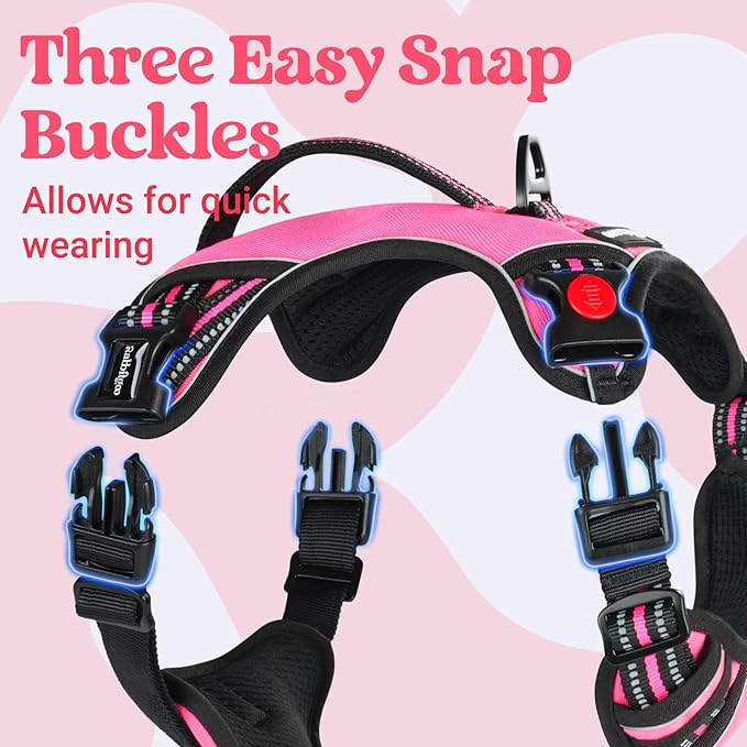 rabbitgoo Dog Harness for Large Dogs, No Pull Pet Harness with Soft Padded Handle, Adjustable Reflective Vest with 3 Buckles, Easy Walking Harness with 2 Leash Clips, Pink, XL