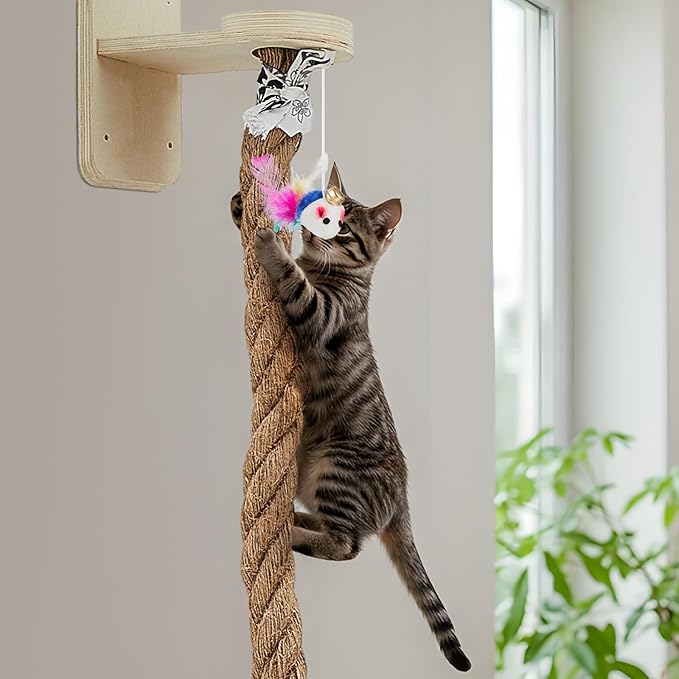 Weysat Cat Tree with 2 x 59.1 Inch Climbing Rope Wall Mounted Cat Climbing Tower Toy with Scratching Post Kitten Rope Ladder with Jumping Platform Wall Steps for Playing and Rest (Wood,with Toys)