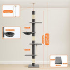 Cat Tree 5-Tier Floor to Ceiling Cat Tower with Cozy Hammock, 89-109 Inch Adjustable Height Sisal Scratching Post, Provides Vertical Enrichment for Jumping & Climbing, Darkgrey