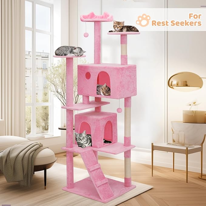 Tall Cat Tree with Scratching Post, 2 Cat Condos and Ladder, Cat Tower for Indoor Cats Kittens Climbing Tower with Anti-Tipping Rope, 77 Inch, Soft Pink