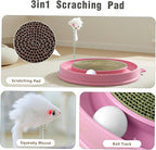 3in1 Cat Scratcher,Interactive Round Plastic Scratching Pad with Ball Track & Mouse, Engaging Puzzle for Indoor Adult Cats and Kittens-Pink