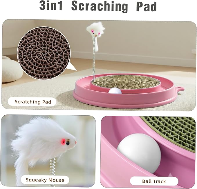 3in1 Cat Scratcher,Interactive Round Plastic Scratching Pad with Ball Track & Mouse, Engaging Puzzle for Indoor Adult Cats and Kittens-Pink