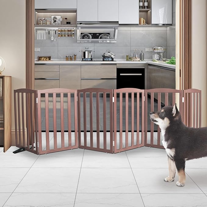 Freestanding Dog Gate Indoor,Doggie Gate Foldable Pet Gates for Doorways,Stairs or Hallways, Wooden Brown Pet Gate for the House, Pet Fence with Support Feet Included,32 "Height-6 Panels
