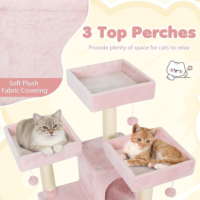 Tangkula 65 Inch Tall Pink Cat Tree, Multi-Level Cat Tower with Sisal Scratching Posts & Board, 2 Condos, 3 Plush Top Perches, Adjustable Basket, 3 Hanging Balls for Indoor Cats (Pink)