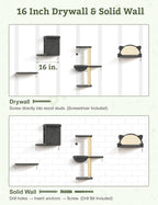 5-in-1 Cat Wall Shelves, Solid Wood & Velvet & Sisal Scratcher, 44lbs Max Load, Wall Mounted Cat Furniture for Climbers, Cat Climbing Wall System, Fits Drywall & Solid Walls - Dark Gray