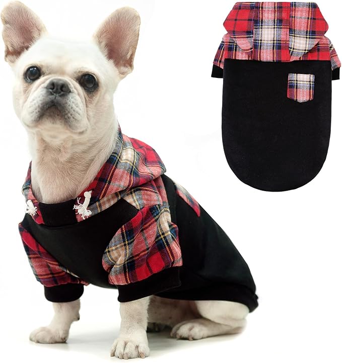 Plaid Hoodie for Small Medium Large Dogs, Warm Sweatshirt With Hat and Leash Hole, Clothes for Puppy Bulldog XS S M L Sized Breeds, Soft Pullover Fleece Sweater