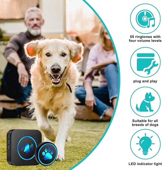 Dog Door Bell for Potty Training, Smart Wireless Doggie Doorbell to Go Outside, 1000 Feet Long Range with IP65 Waterproof Super-Light Touch Button (2Receivers+2Buttons)