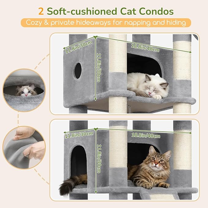 Globlazer Extra Large Heavy Duty Cat Tree, 80in Tall Sturdy Cat Tree Tower for Multiple Indoor Cats Large Adult with Scratching Posts, 2 Spacious Condos with Padding, 2 Soft Perches, S80C, Light Grey