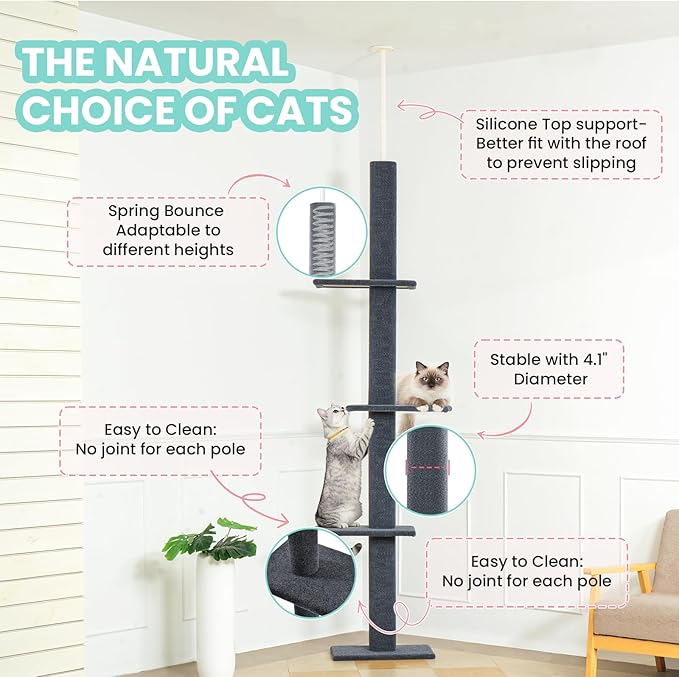 Max & Marlow Cat Tree Floor to Ceiling Cat Tower Height 95-108" Adjustable Kitten Tree Tall Climbing Tree with Carpet Scratching Post and Mat Cat Pole for Indoor Cats,Dark Grey