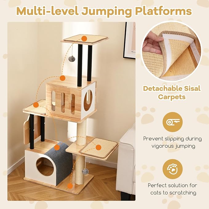 Tangkula Modern Cat Tree, Tall Multi-Level Cat Tower with Double Condos, Jumping Platforms, Dangling Balls, Sisal Carpets & Scratching Posts, Wood Cat Tree Tower for Indoor Cats