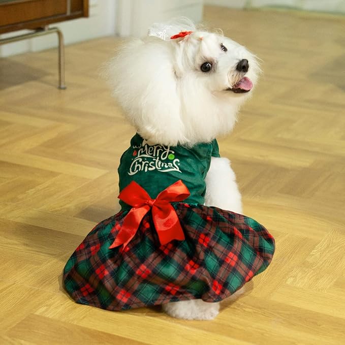 CuteBone Christmas Tree Dog Dress Velvet for Small Dogs Girl Puppy Dresses Green Plaid Dog Clothes CVA05S-D