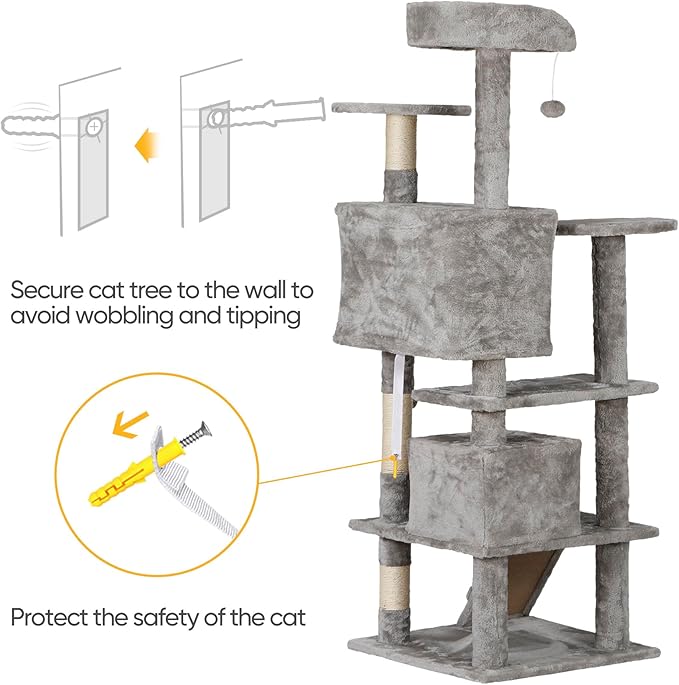 LEMY 54 Inch Cat Tree,Multi-Level Cat Tower Condo for Indoor Kittens,Light Grey Cat House with Sisal-Covered Scratching Post for Cats to Play and Sleep