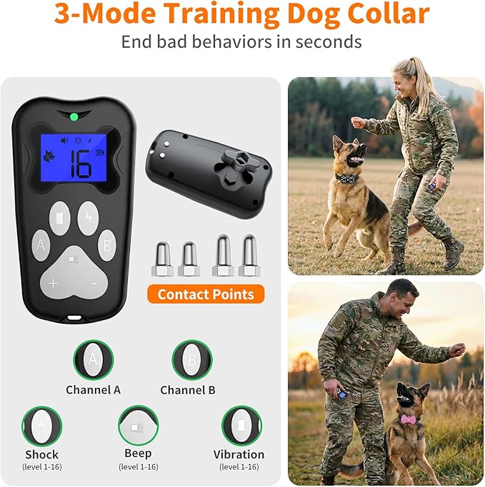 Dog Training Collar with Electric Shock Collar, Rechargeable & IPX7 Waterproof 3300FT Remote Dog Collar, 3 Training Modes (Beep, Vibration, Static Shock) for Small Medium Large (AM-003-B)