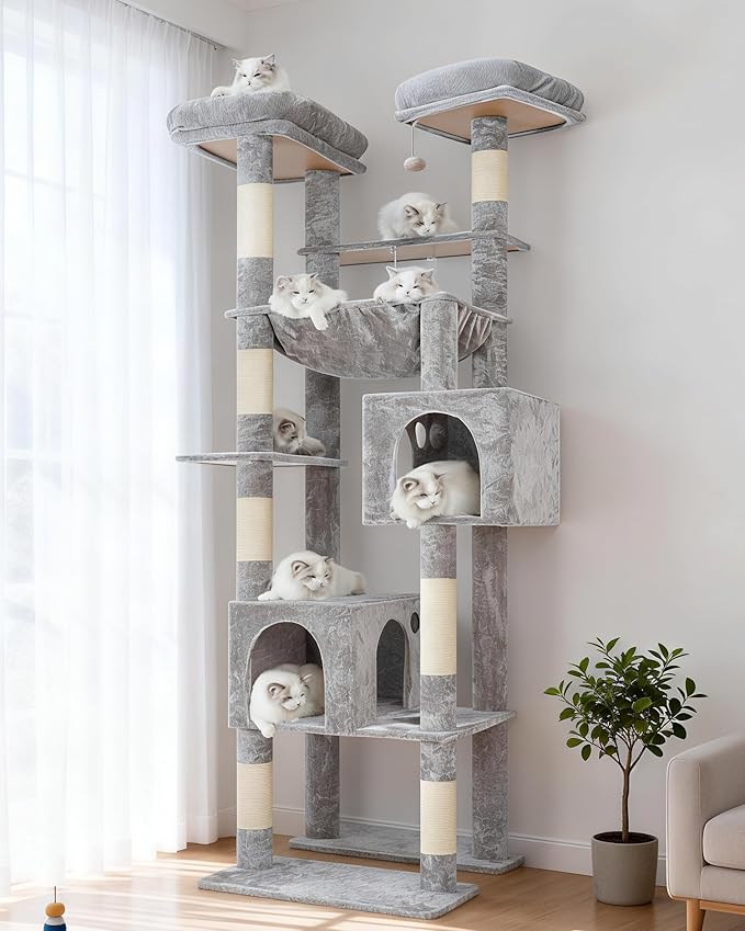 Hey-brother Tall Cat Tree Tower, Heavy Duty Scratching Posts with Large Platforms, Cozy Condos, Big Hammock, Toy Balls, Multi-Level Furniture for Indoor Adult Cats, 80.7 Inches, Light Gray MPJ039W