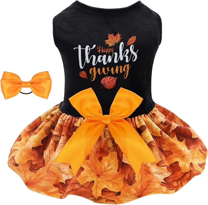 CuteBone Thanksgiving Dog Fall Dresses Costume Velvet Holiday Small Dogs Clothes Onesie Pet Apparel Girl Puppy Skirt with Bow Hair Rope CVA52M-D
