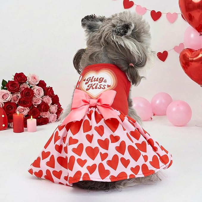 XPUDAC Valentine Dog Dress Heart Print Dog Dress for Small Dogs Girls Holiday Party Tulle Puppy Outfit Cat Apparel-S