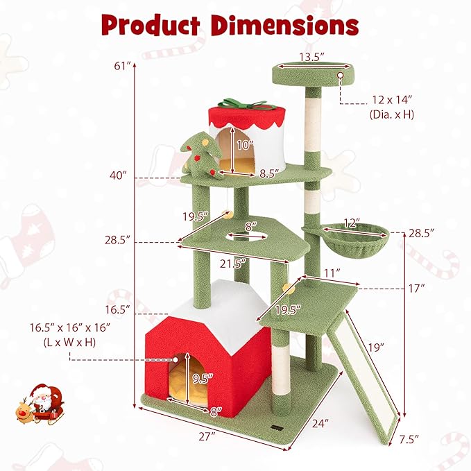 PETSITE 61 inch Cat Christmas Tree, Multi-Level Cat Tower with Sisal Scratching Posts, 2 Cat Condos, Basket Bed, Sisal Covered Ladder, Cute Cat Tree for Indoor Cats