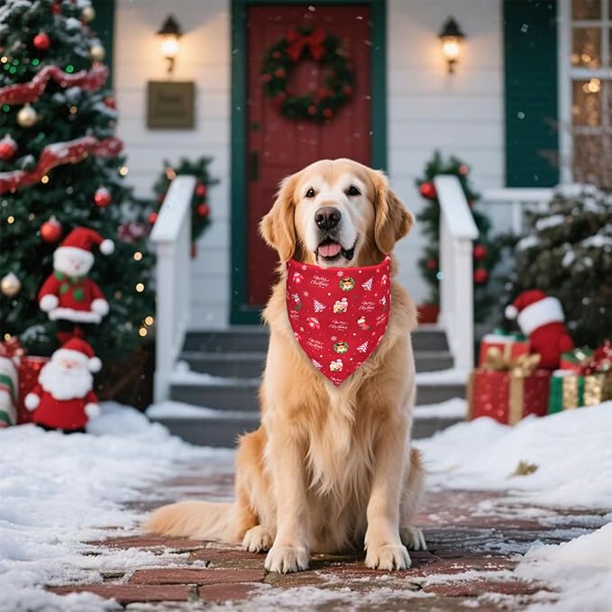 Christmas Dog Bandana 2-in-1 Style - Reversible Santa & Snowman Print Scarf for Medium to Large Dogs, Gift for Dog Lovers