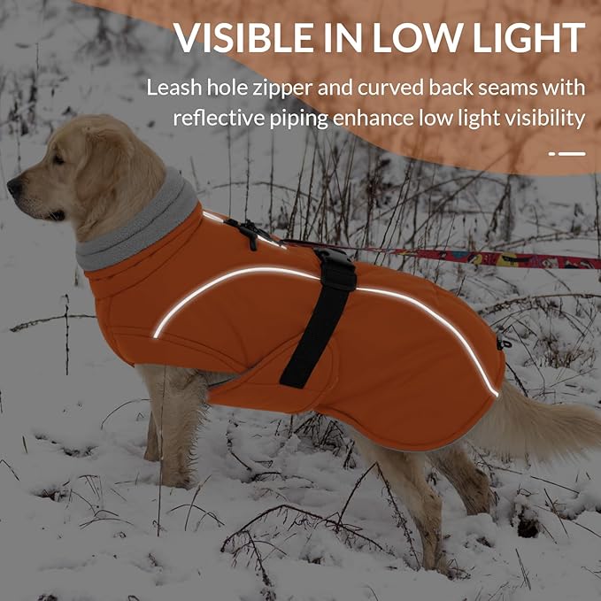 Queenmore Winter Dog Coat Warm Dog Jacket Vest Waterproof Puffer Fleece Snowsuit Adjustable Buckle Leash Hole Reflective Cold Weather Parka for Small Medium Large Dogs Girl Boy Orange XXXL