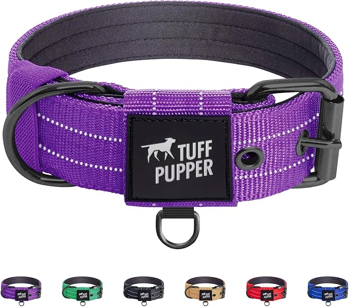 Tuff Pupper Heavy Duty Tactical Dog Collar | 1.5" Wide Ballistic Nylon | Reflective Stitching | Integrated ID Tag Holder | Stainless Steel Buckle | Padded Lining | Medium & Large Dogs (Purple, Large)
