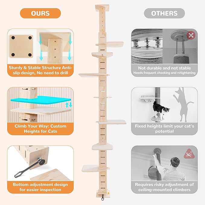 COZIWOW Floor to Ceiling Cat Tree for Large Cats, Cat Tower with Non-Slip Platforms 7 Tier Tall Climbing Pole with Adjustable Height (98-114 Inches) Modern Climbing Tower, Wood, Indoor