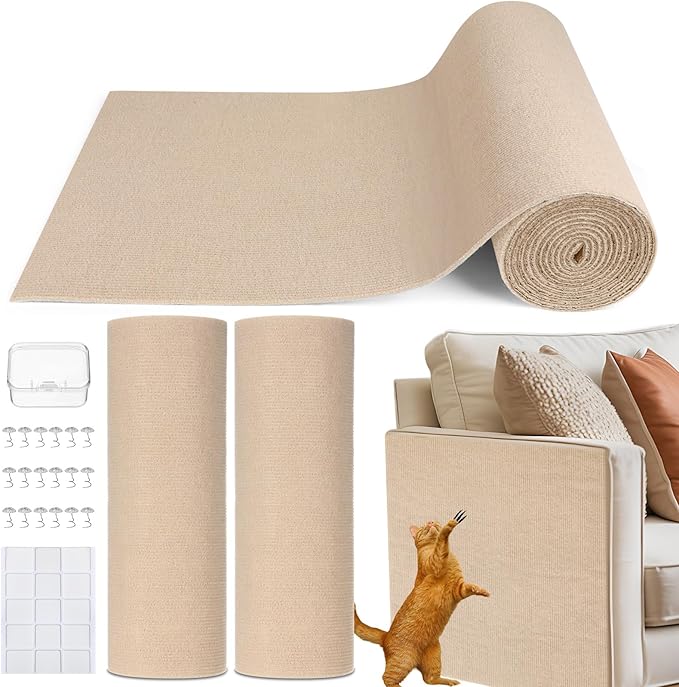 Abbylike 2 Pcs Cat Scratch Furniture Protector 118 x 15.8 in Trimmable Self-Adhesive Couch Protector Cat Scratcher Mat DIY Anti Scratch Pad Covering Climb Mat for Towers Replacement Pad(Khaki)