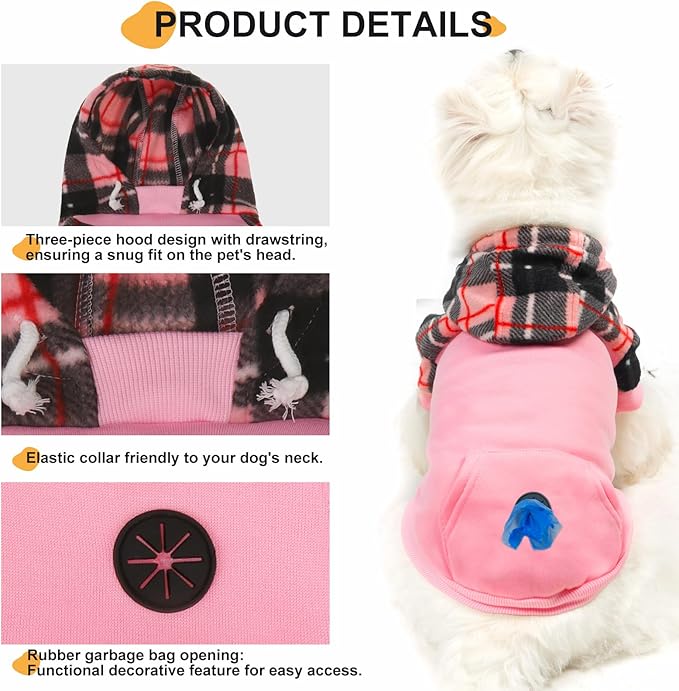 Dog Hoodie for Small Medium Large Dogs, Fleece Plaid Pet Hooded Clothes Sweater with Hat & Pocket for Cold Weather Winter,Warm Soft Pullover Sweatshirt Coat Outfit for Puppy Girls Boys Pink SM