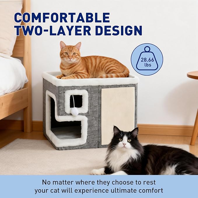 Cat Houses for Indoor Cats,Foldable with Cat Scratch Pad and Hanging Fur Ball - Washable Semi-Enclosed Cat Bed, Warming Comfy Cat Tent,16.5x16.5x12.99inch, Grey