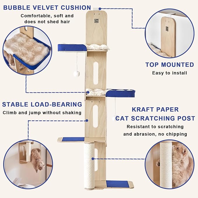 4-Level Door Hanging Cat Climber Door Mounted Vertical Cat Tree Tower with Felt Planks & Velvet Pads for Indoor Cats with Non-Marking Installation (60“H x 24.4" L x 13.4" W)