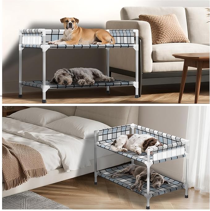 Bedside Window Dog Bunk Bed - Double Elevated Human Dog Bed with Guardrail 2 Layers Window Perch Dogs Cot 2-Tier Bedside Sleeper for Multi-Pet Households (34'' x 20'' x 25'')