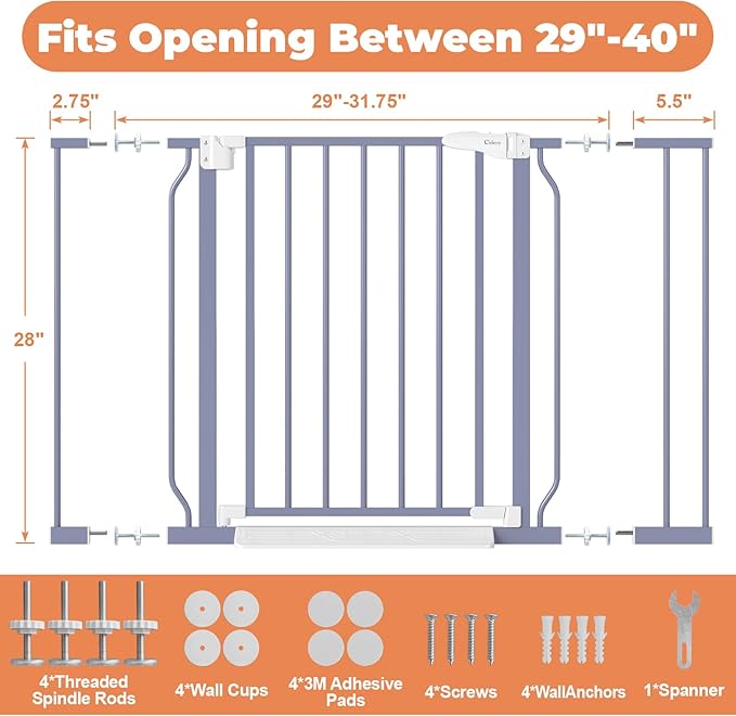 29"-40" Baby Gate for Stairs, Auto Close Stroller Friendly Dog Gate Indoor for Doorways, Pressure Mounted Baby Gate, Easy Walk Through Gate for Children & Pets, Wisteria
