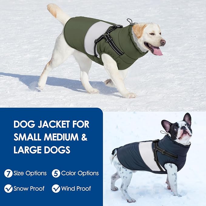 KOESON Large Dog Coat, Warm Dog Winter Coat Cold Weather Jacket with Built-in Harness and Reflective Straps, Windproof Pet Puffer Jacket Zip Up Fleece Vest for Pitbull, Husky, Army Green L