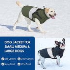 KOESON Large Dog Coat, Warm Dog Winter Coat Cold Weather Jacket with Built-in Harness and Reflective Straps, Windproof Pet Puffer Jacket Zip Up Fleece Vest for Pitbull, Husky, Army Green L