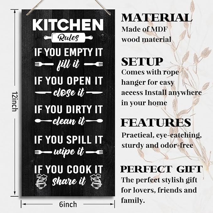 J2 Farmhouse Rustic Kitchen Sign, Hanging Printed Wooden Plaque Decor, Shared Kitchen Rules Sign for Hostel Dormitory 12x6inch
