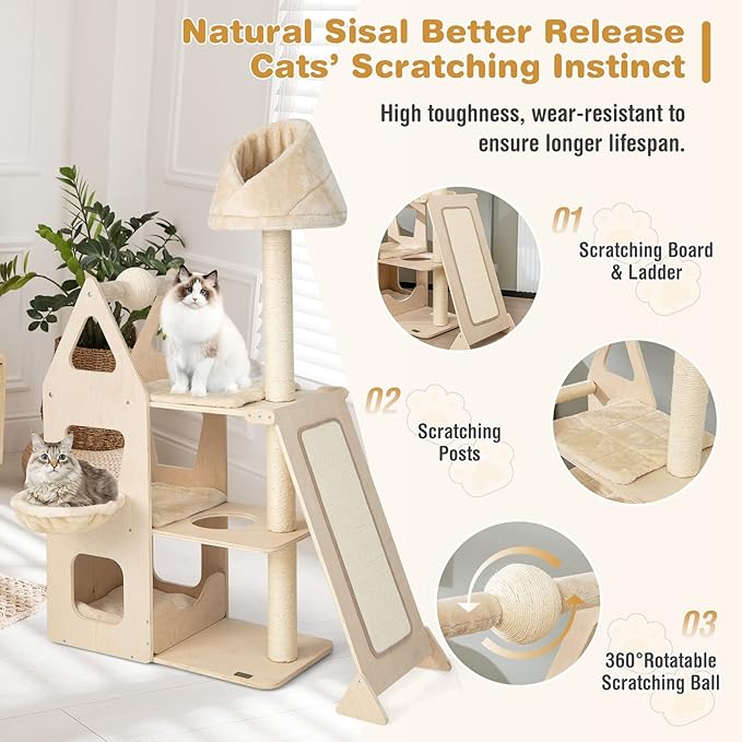 PETSITE 64" Tall Cat Tree Tower for Indoor Cats, Modern Cat Activity Center with Top Perch, Condos, Basket Bed, Sisal Posts, Scratching Board & Ball, Beige